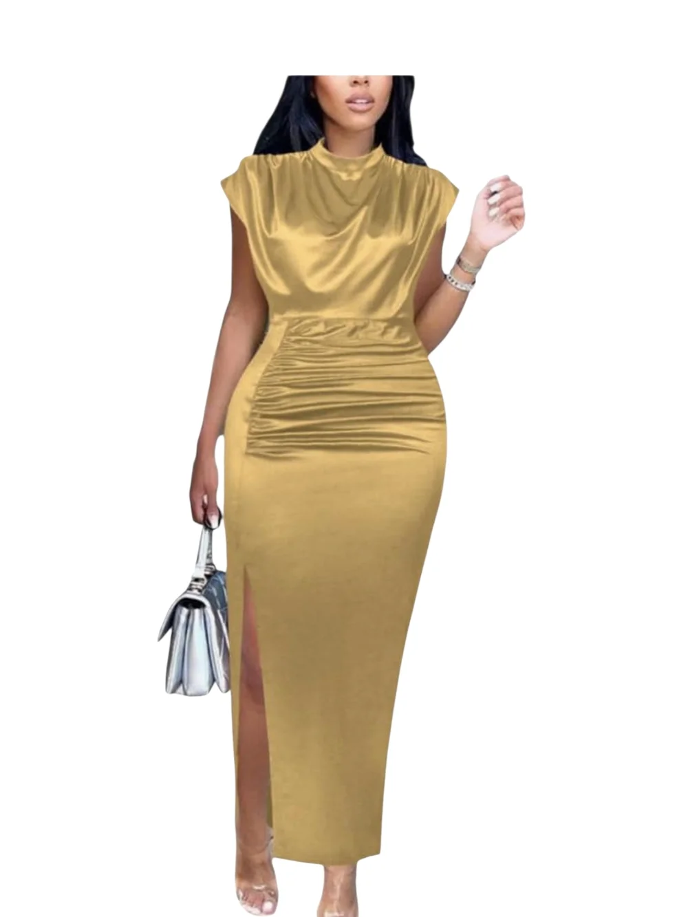 AOMEI - Size 20 (US Size) Gold Satin Ruched Midi Dress with Side Slit - Picture 5 of 12